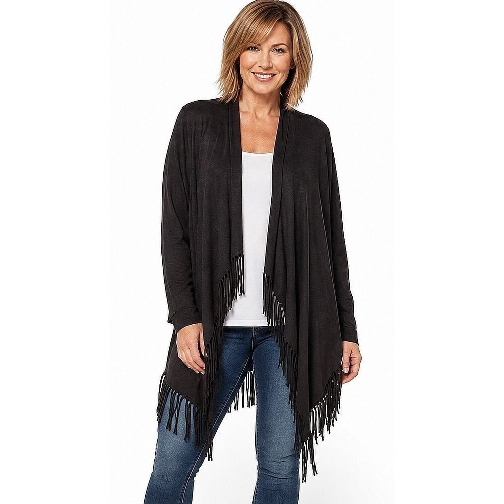 New Chico's OTR 2 L 12 14 Black Soft Touch of Cashmere Open Fringed Cardigan